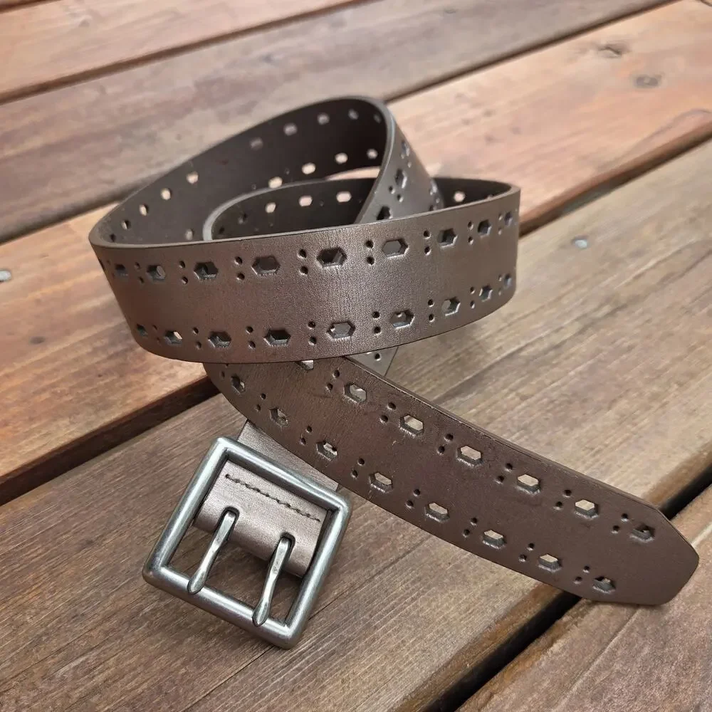 Metallic Bronze Leather Belt Womens L Geometric Cutout Wide Western Boho Belt